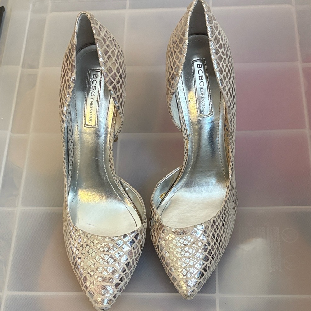 BCBG Generation Silver Snakeskin Heels